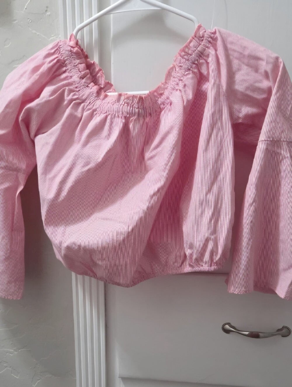 bebe Pink Off-Shoulder Smocked Crop Top